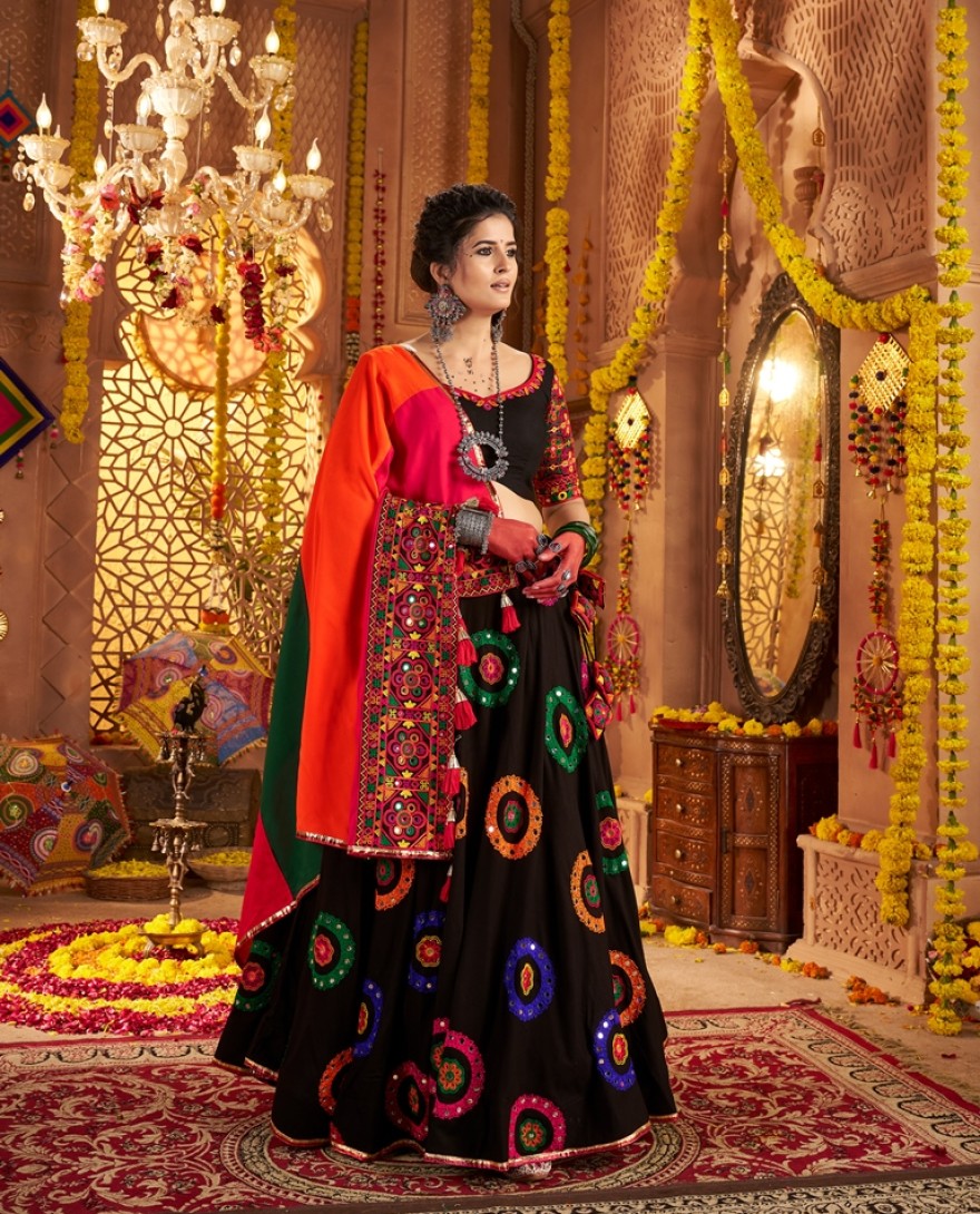 11012 - PRETTY BLACK MIRROR WORK NAVRATRI WEAR LEHENGA CHOLI WITH DUPATTA